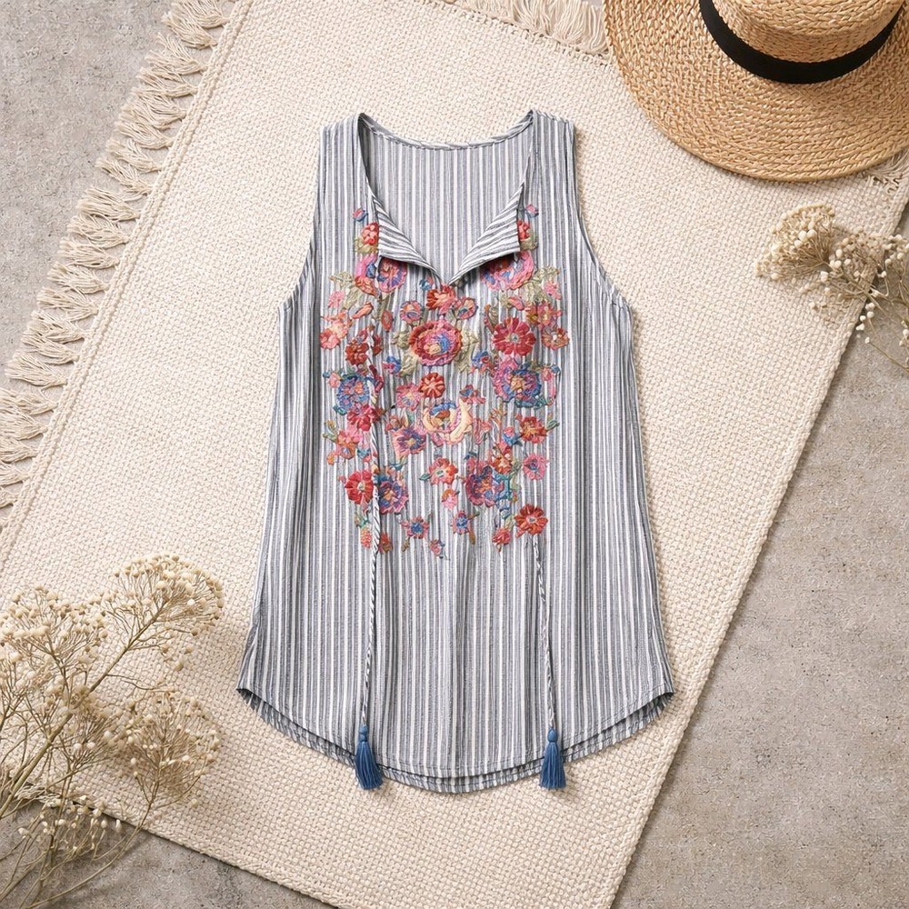 Savanna Jane Boho Embroidered Floral Striped Halter Top Size S Tassel Hem Spring